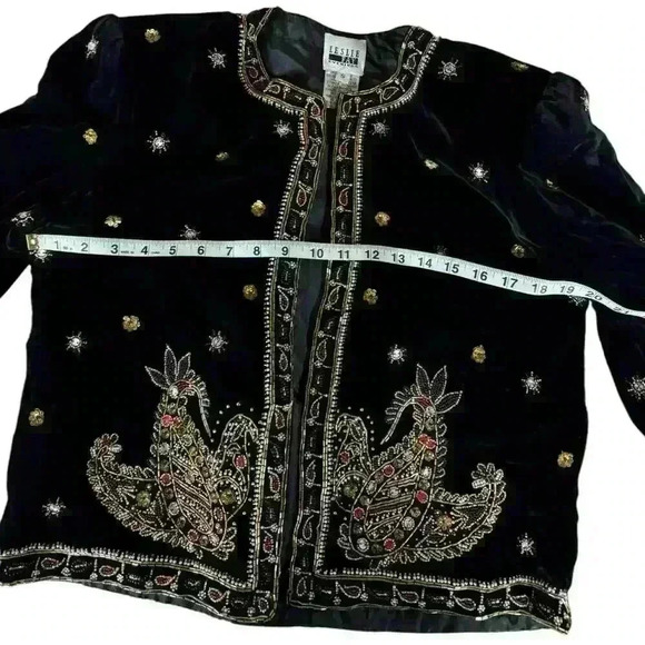 LESLIE FAY Black Velvet Evening Jacket with exquisite Beading and jewels  Size S - Picture 13 of 16